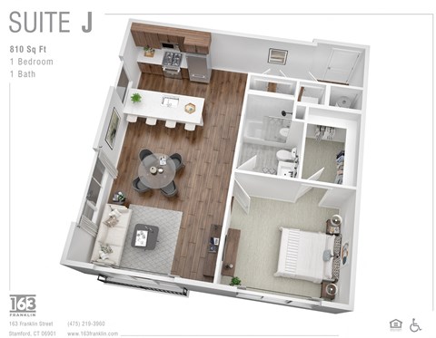 Floor plan for 1 bed, 1 bath, 810 sqft